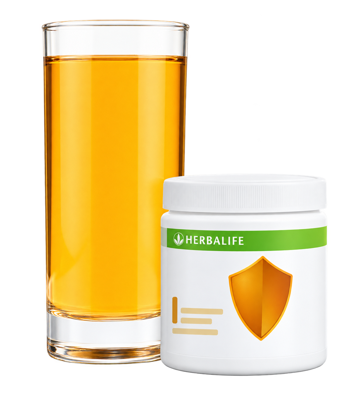 Vaso de bebida dorada junto al envase de Herbalife Pro